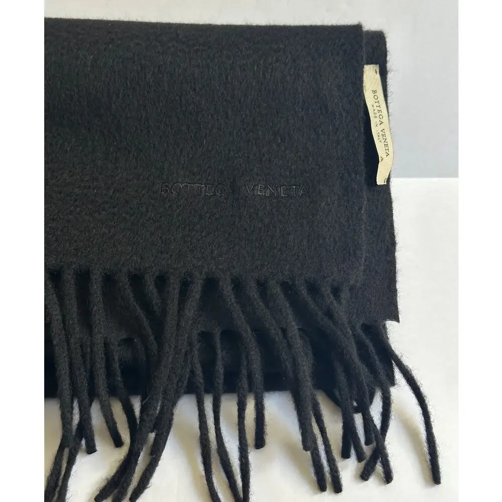 Bottega Veneta Logo Stamped Scarf Black Wool Cashmere Fringe Ends